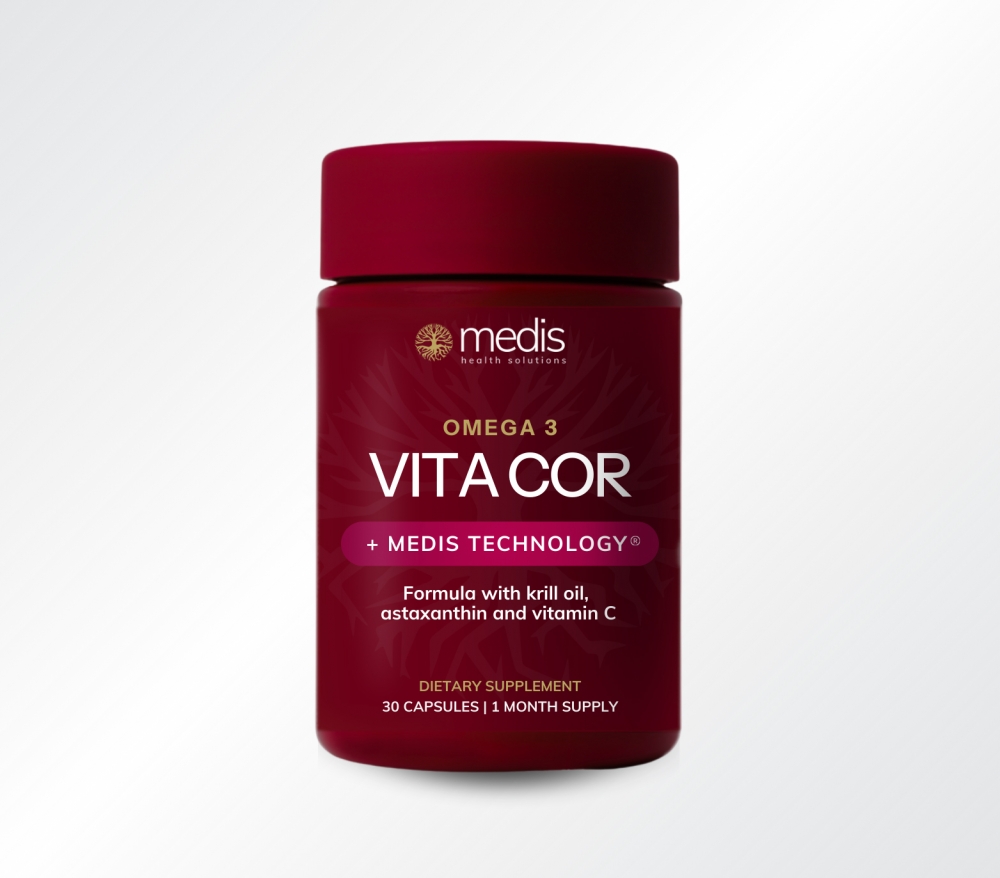 Medis Vita Cor er en premium omega-3-formel utviklet for å støtte hjerte-, hjerne- og immunhelse, samtidig som den beskytter cellene mot oksidativt stress.
